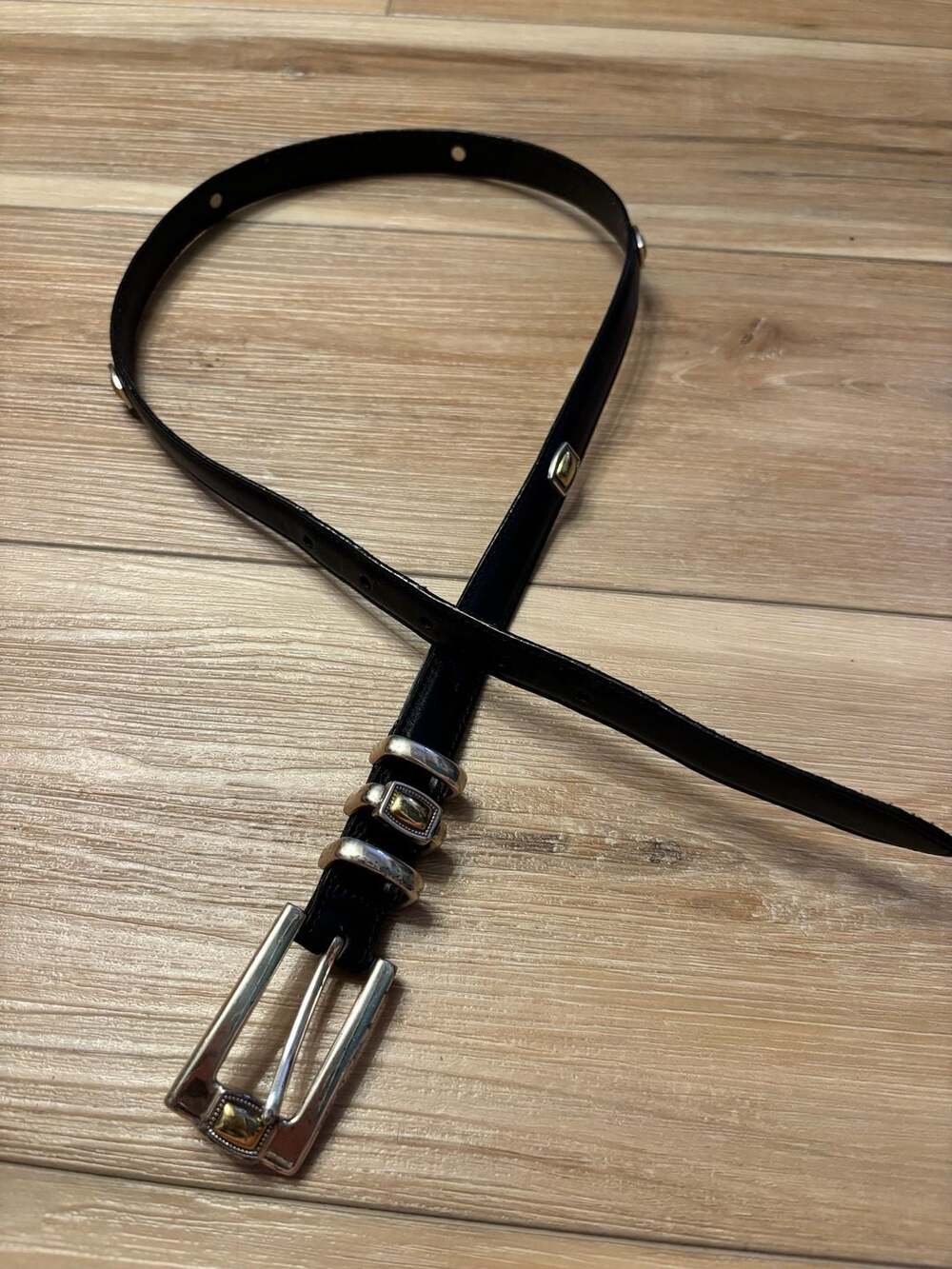 Brighton Studded Slim Black Leather Belt Silver and Gold Tone Buckle Size 32